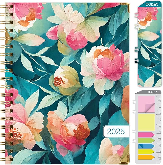 HARDCOVER 2025 Planner, 8.5"x11": 14 Months (November 2024 - December 2025), Daily Weekly Monthly Planner, Yearly Agenda, Bookmark, Pocket Folder and Sticky Note Set (Teal Floral)