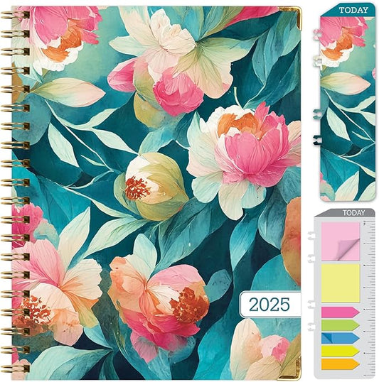 HARDCOVER 2025 Planner, 8.5"x11": 14 Months (November 2024 - December 2025), Daily Weekly Monthly Planner, Yearly Agenda, Bookmark, Pocket Folder and Sticky Note Set (Teal Floral)