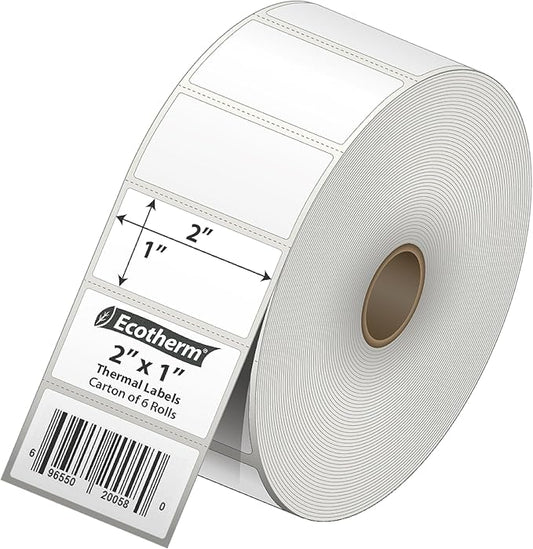 2"x1" Thermal Labels for Rollo, Munbyn, Zebra, Godex, Arkscan, iDPRT, Offnova Label Printers and More - White Paper Stickers - Small Multipurpose Labels | 15000 Labels | 6 Rolls | by Ecotherm