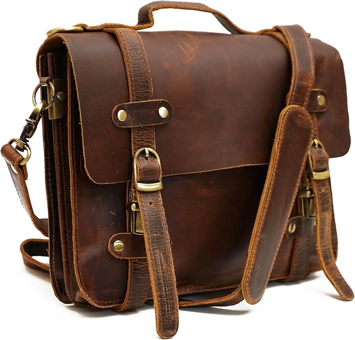 Rustic Vintage Buffalo Leather Laptop Messenger Briefcase Satchel Bag for Men 11 Inch, Brown