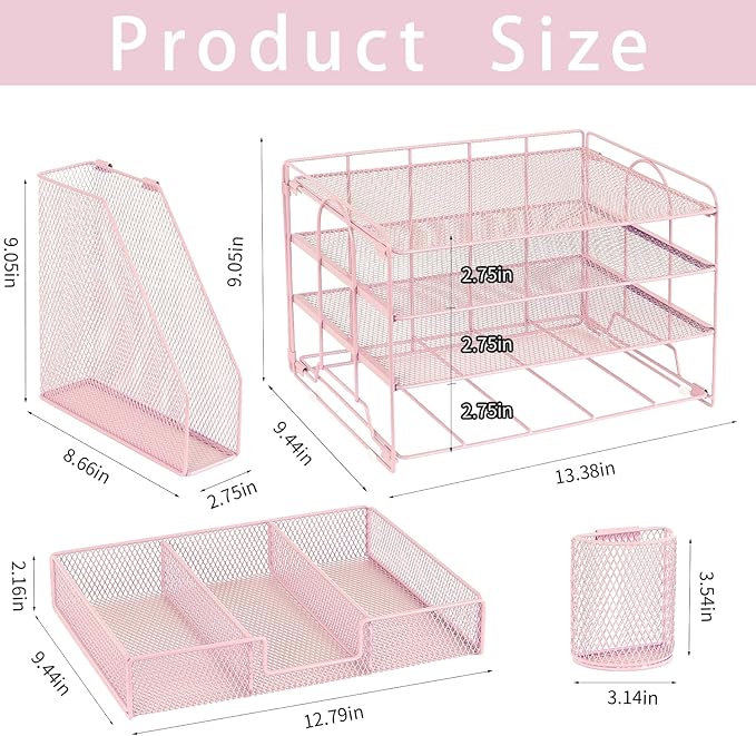 Desk Organizers and Accessories, Desk Accessories & Workspace Organizers for Office Supplies, File Organizer Desk Drawer Organizer with 2 Pen Holders, 4 Tier Paper Organizer for Desk(Rose Pink)