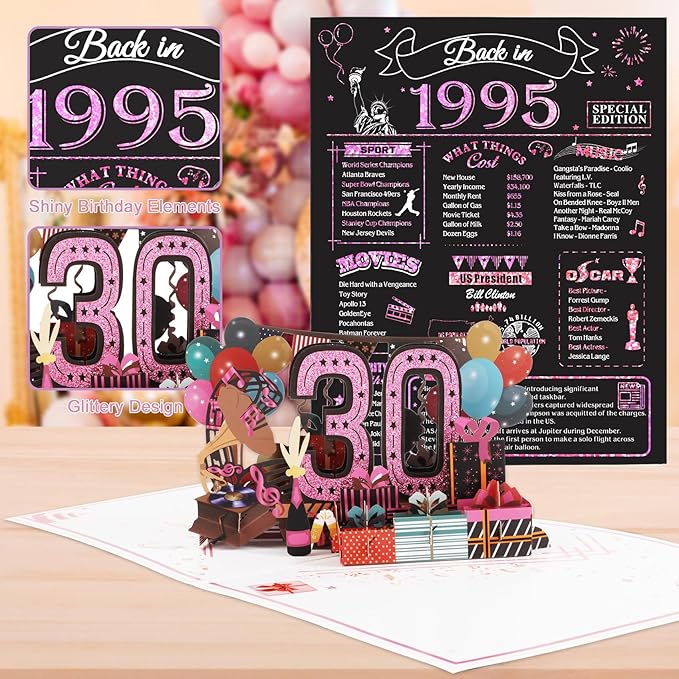 30th Birthday Card for Women Her, Jumbo 3D Pop Up 30th Birthday Gifts, Back In 1995 Happy 30 Year Old Sister Birthday Decorations Cards Card for Wife, Rose Gold