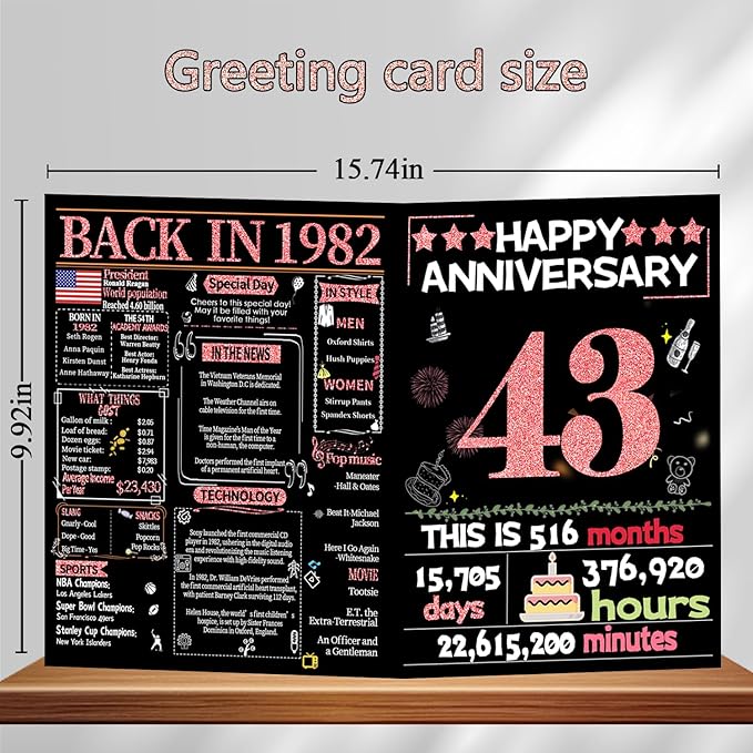 Joycard 43rd Anniversary Card for Women, Wedding Card for Wife, Sweet Marriage Decorations Gifts for Couple, Perfect for Her on Anniversary Day, Back in 1982