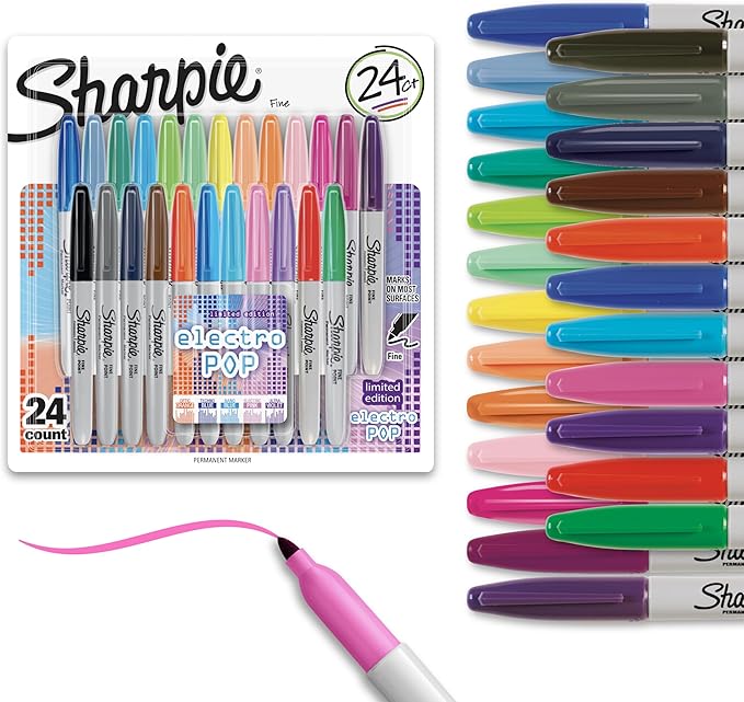 Sharpie Electro Pop Permanent Markers, Fine Tip Marker Set, Coloring Markers, Drawing Markers, Writing Markers, Assorted Colors Art Markers, 24 Count