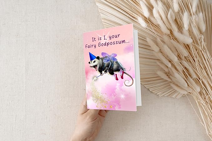 Fairy God Possum Happy Birthday Greeting Card - Funny Godparent Birthday Gift Idea for Men Women Him Her - Hilarious Feral Animal Godpossum Bday Present for Best Friend Bestie Coworker or Sister