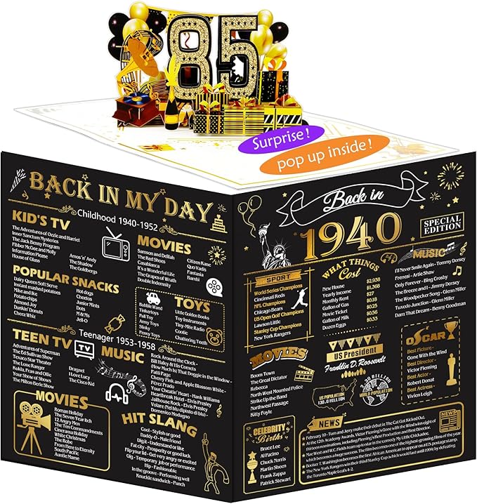 85th Birthday Card for Men Women, Funny 3D Pop Up 85th Birthday Gifts for Grandma Mom Dad, Back In 1940 Happy 85 Year Old Birthday Decorations Cards for Her Him