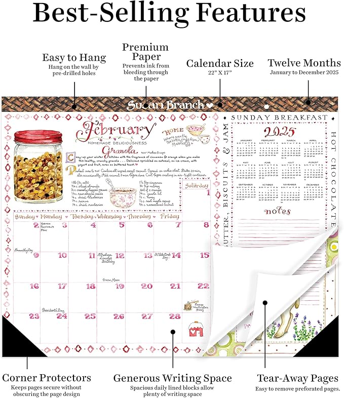 TF PUBLISHING 2025 Susan Branch Large Desk Pad Monthly Blotter Calendar - 12 Month Desktop Calendar - For Office Desk or Wall - Tear-Off Pages with Large Monthly Grids - Horizontal - 22” x 17”