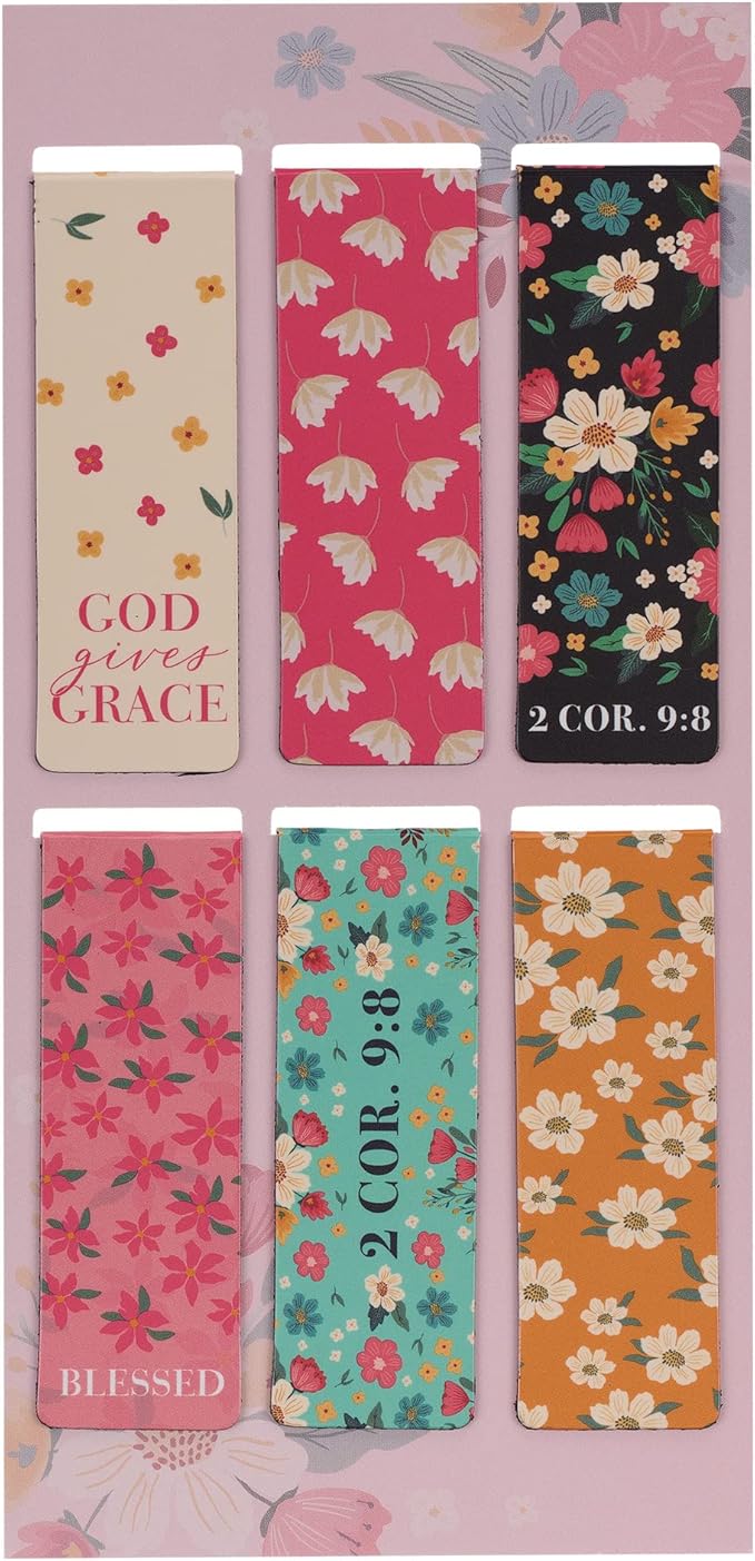Christian Art Gifts Magnetic Scripture Bookmark/Pagemarker Set for Women: Overflowing Grace - Set of 6, Inspirational Scripture Verses for Bibles, Books, Diaries, Notebooks, Multicolor Floral, Small