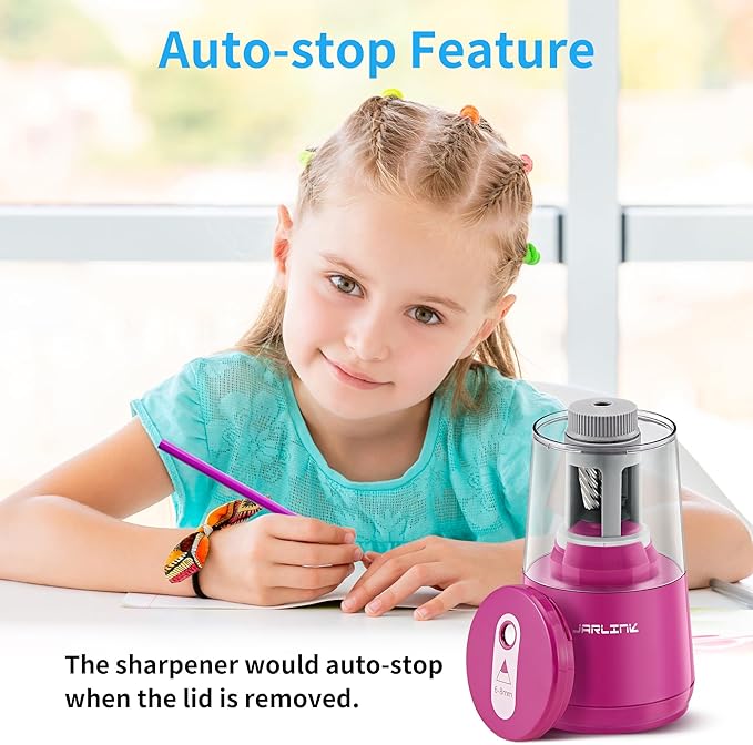JARLINK Electric Pencil Sharpener, Heavy-Duty Helical Blade to Fast Sharpen, Auto Stop for No.2/Colored Pencils(6-8mm), USB/Battery Operated in School Classroom/Office/Home (Purple)