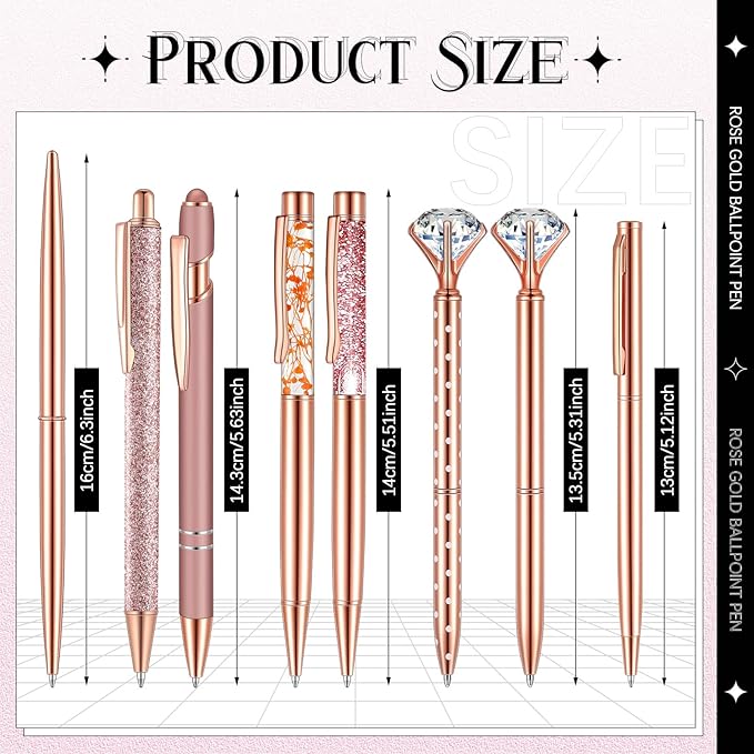 Supervitae 8 Pcs Ballpoint Pen for Women Fancy Gifts for Journaling Liquid Sand Glitter Black Ink Pens Bridal Shower Gifts for Wedding Women Office Desk School Stationery Supplies(Rose Gold)