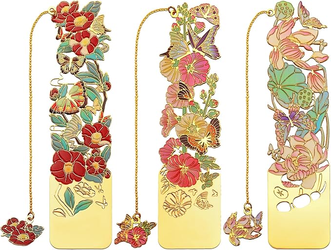 3 PCS Metal Bookmarks, Bookmarks for Reading Women, Pretty Bookmarks for Women, Beautiful Metal Bookmark, Beautiful Flower Bookmark, Lotus, Hollyhock, Camellia (BKM-050-002)