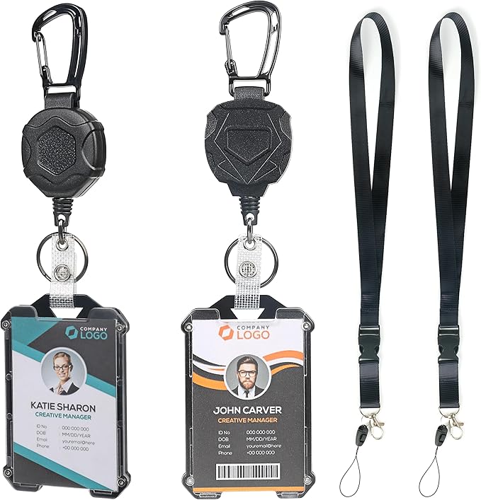 2 Pack Heavy Duty Retractable Badge Reel ID Badge Holder with Breakaway Lanyard Retractable Key Chain Carabiner with ID Cards Holder Cool Tactical ID Holder with Clip