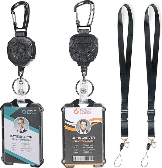 2 Pack Heavy Duty Retractable Badge Reel ID Badge Holder with Breakaway Lanyard Retractable Key Chain Carabiner with ID Cards Holder Cool Tactical ID Holder with Clip