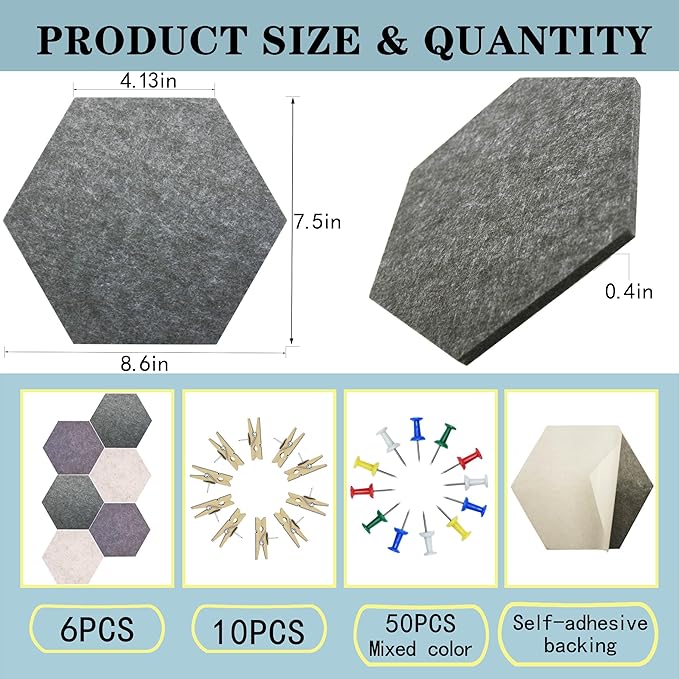 6Pcs Gray Hexagon Bulletin Board Strips,Grey Felt Pin Board Bar Strips with 50 Pushpins, Self-Adhesive Felt Cork Board Strips for Wall to Display Your Notes, Photos, Schedules, Announcements