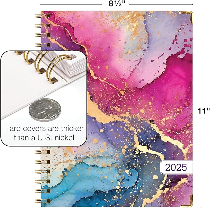 HARDCOVER 2025 Planner, 8.5"x11": 14 Months (November 2024 - December 2025), Daily Weekly Monthly Planner, Yearly Agenda, Bookmark, Pocket Folder and Sticky Note Set (Rainbow Gold Marble)