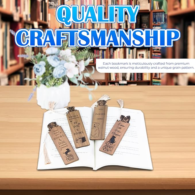 Dog Bookmark – Set of 4 Wooden Bookmarks with Tassels, Made from Walnut Wood,Funny Bookmark Gift for Men and Women, Novelty Gag Bookmark for Book Lovers,Christmas Stocking Stuffer