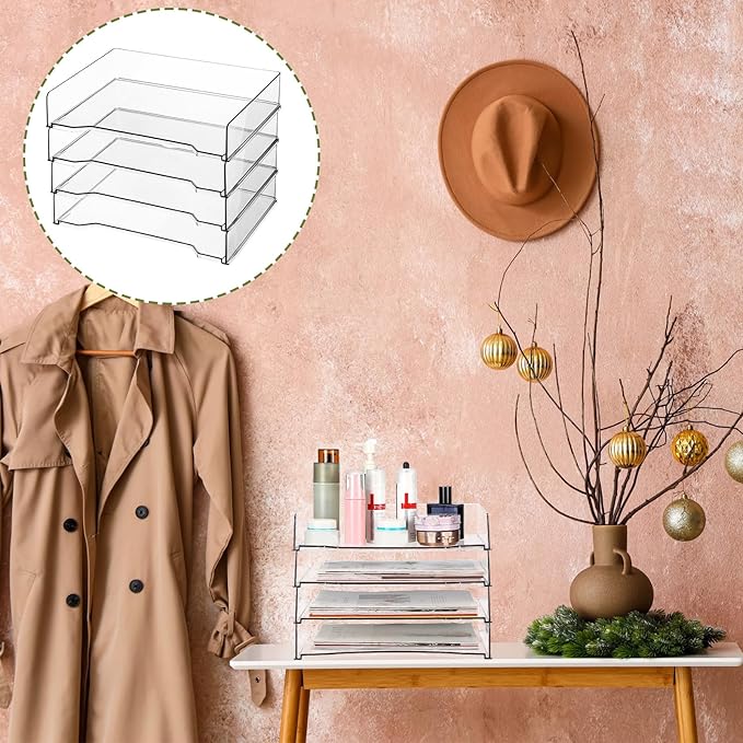 4 Pcs Stackable Letter Tray Rectangular Plastic Desk Organizer 13 x 9.5 x 2.6 in Paper Holder File Tray Accessories Rack for Desktop Office Desk Drawers (Clear)