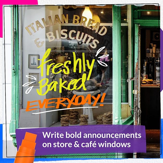 8 Washable Window Markers for Cars - 15mm Jumbo Colored Pens - Neon Paint Chalk Markers for Glass, Chalkboard, Blackboard, Bistro, Menu Board - Chalk Pens for Teachers, Kids, Businesses