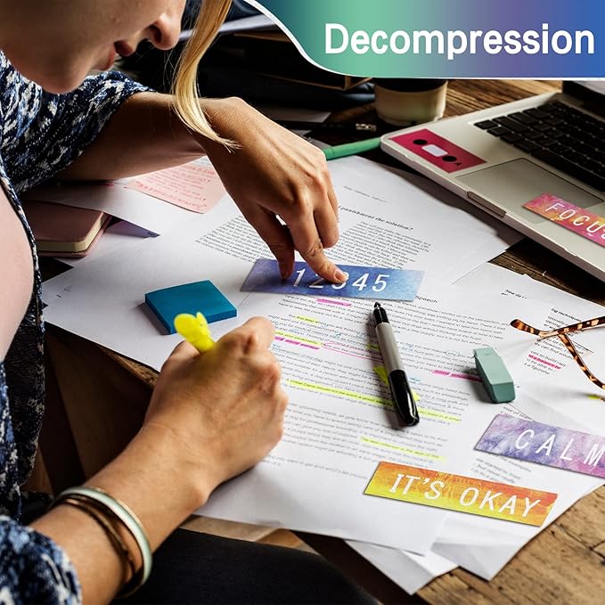 80 Pcs Anxiety Sensory Stickers with Inspirational Quotes Calm Textured Strips Relief Mental Health Stickers School Office Adhesive Sensory Tape Anti Stress Toys for Adults Teens (Watercolor)