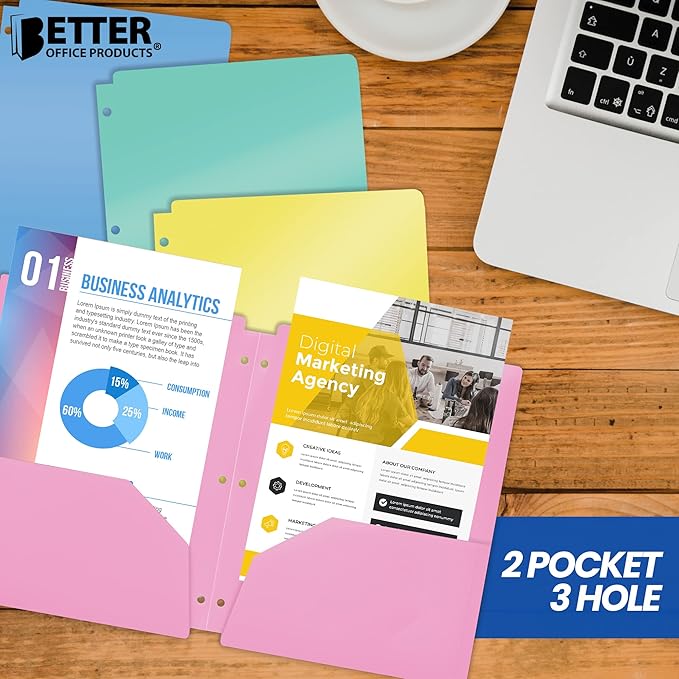 Better Office Products 3 Hole Punch Pocket Folders, Bulk Pack, Sturdy Plastic 2 Pocket Folders, Assorted Pastel Colors, Letter Size, with Business Card Slot,(6 Pack)