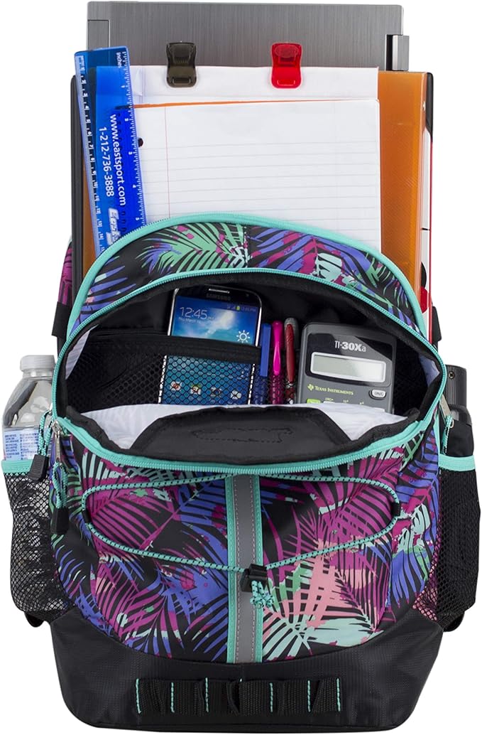 FUEL Hiking Backpack for Women Men Terra Sport, Travel, College, Gym, Work with Laptop Sleeve, Bungee, 18 Inches, Purple Palm Leaves