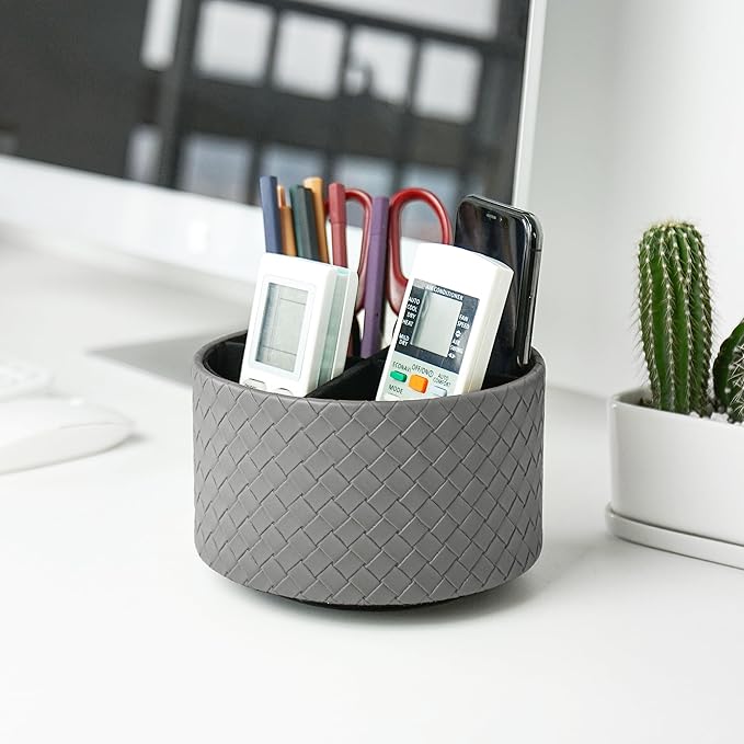 Hennaja Round Leather Art Supply Organizer,Remote Control Holder,360 Degree Spinning,Multi-Functional Pencil Holder,4 Compartments Desktop Stationary Organizer(1-Weave Grey)