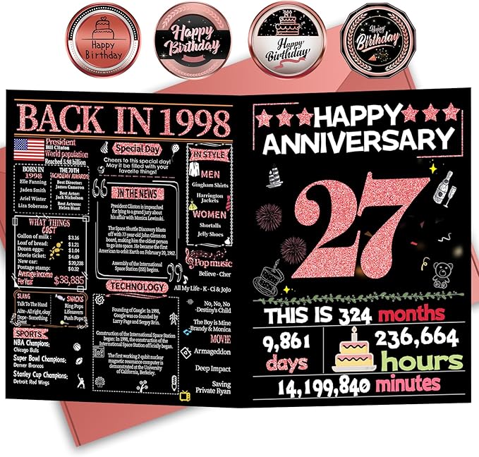 Joycard 27th Anniversary Card for Women, Wedding Card for Wife, Sweet Marriage Decorations Gifts for Couple, Perfect for Her on Anniversary Day, Back in 1998