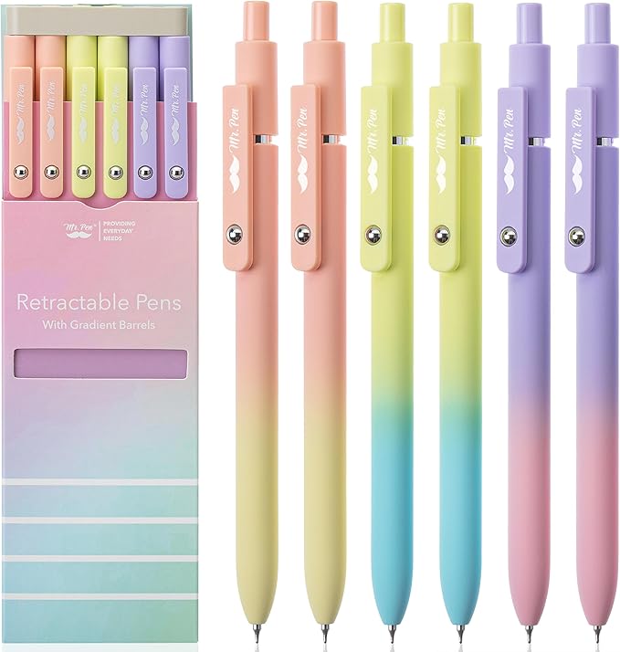 Mr. Pen- Retractable Gel Pens, 6 Pack, Gradient Color Barrels, Black Gel Pens, Fast Dry, Gel Pens Fine Point 0.5mm, Retractable Pens, Cute Pens, Gel Ink Pens, Aesthetic Pens for Journaling