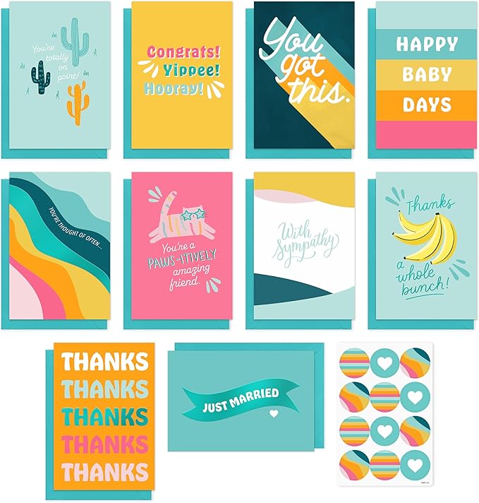 American Greetings 10-Count All Occasions Card Bundle with Envelopes- Congrats, Baby, Wedding, Support, Friendship, Sympathy, and Thank You