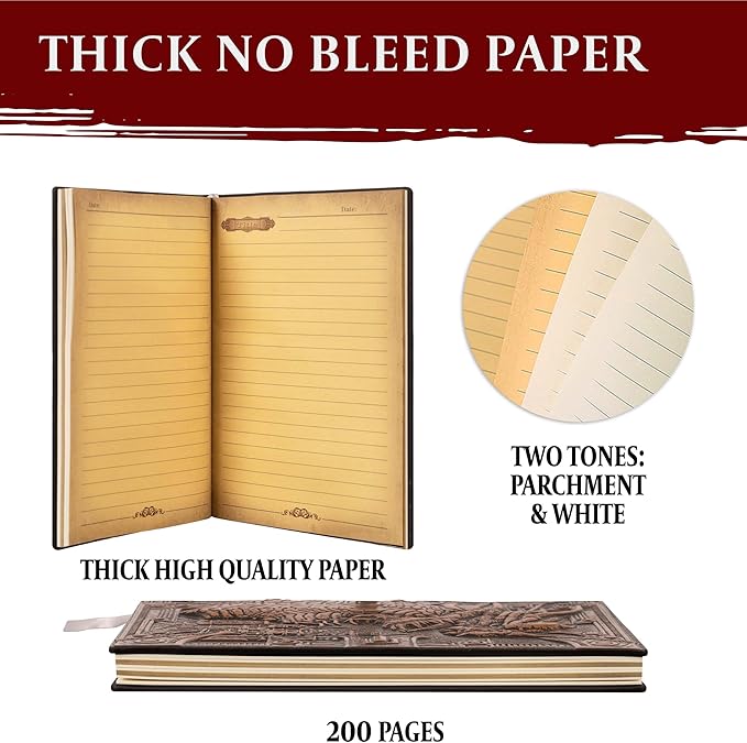 DND Notebook / Journal, Unique 200 Page Book with 3D Bronze Dragon Embossed Faux Leather Cover with Pen- Ideal for Dungeons & Dragons / D&D. Great RPG Accessories Gift for DM's & Players, Men or Women