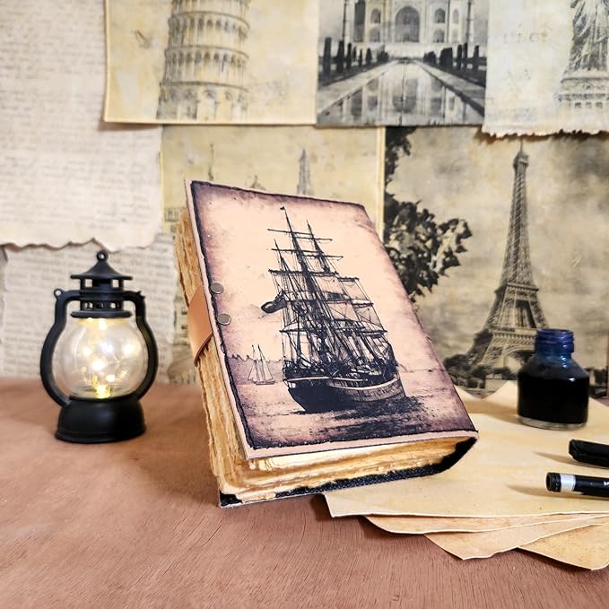 Finun-Lthr Sailing Ship Leather Journal Dairy Notebook Sketchbook | 200 Deckle Papers | C-Shape Lock for Closure (7 * 5 inch)
