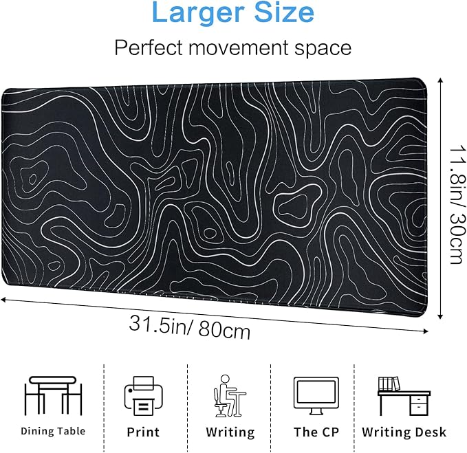 Gaming Mouse Pad Large 31.5 x 11.8in Topographic Keyboard Mousepad for Non-Slip Base and Stitched Edge, Extended Desk Pad XL Desk Mat (Black)