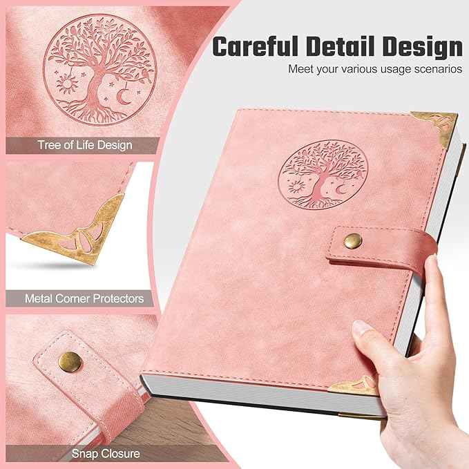 Ovesmusl Lined Journal for Women Journals for Writing 260 Pages A5 Notebooks for Work Tree of Life Hardcover Leather Diary Journals, 5.7”x8.3”, Pink