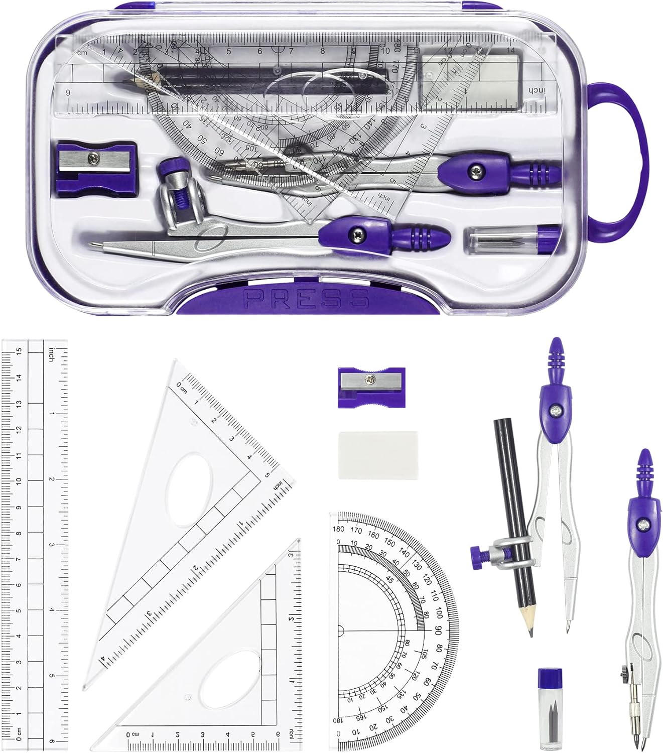 10 Pieces Math Geometry Kit Set Student Supplies with Shatterproof Storage Box,Includes Rulers,Protractor,Compass,Eraser,Pencil Sharpener,Lead Refills,Pencil,for School and Drawings（Purple）