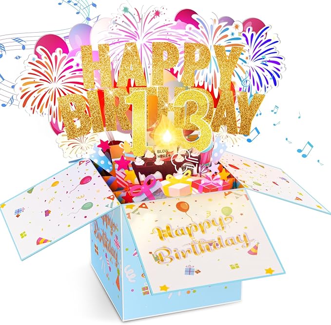Tnvee 13TH Birthday Cards with Lights & Music & Candle, 3D Pop Up Singing Happy Birthday Greeting Cards Gfits for 13 Years Old Girl Boy Son Daughter