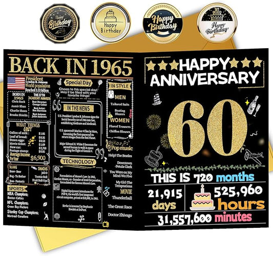 60th Anniversary Card for Women Men, Gold Wedding Card for Wife Husband, Sweet Marriage Decorations Gifts for Couple, Perfect for Her Him on Anniversary Day, Diamond Wedding Card, Back in 1965