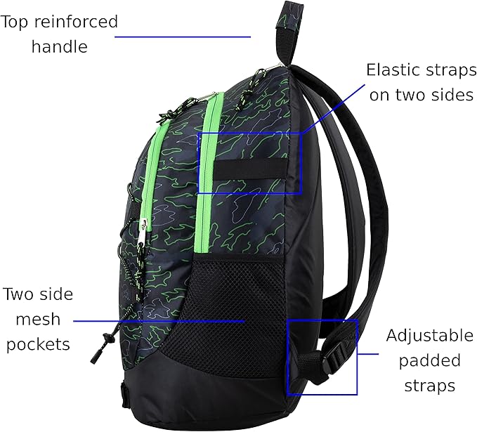 FUEL Hiking Backpack for Women Men Terra Sport, Travel, College, Gym, Work with Laptop Sleeve, Bungee, 18 Inches, Neon Outline Camo