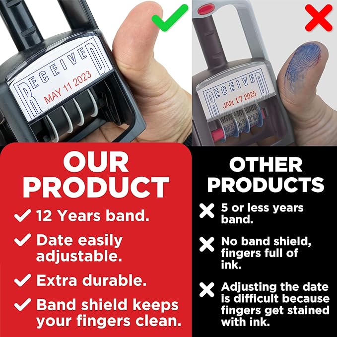 Self-Inking Rubber Date Office Stamp with E-Mailed Phrase - Red Ink - 12-Year Band