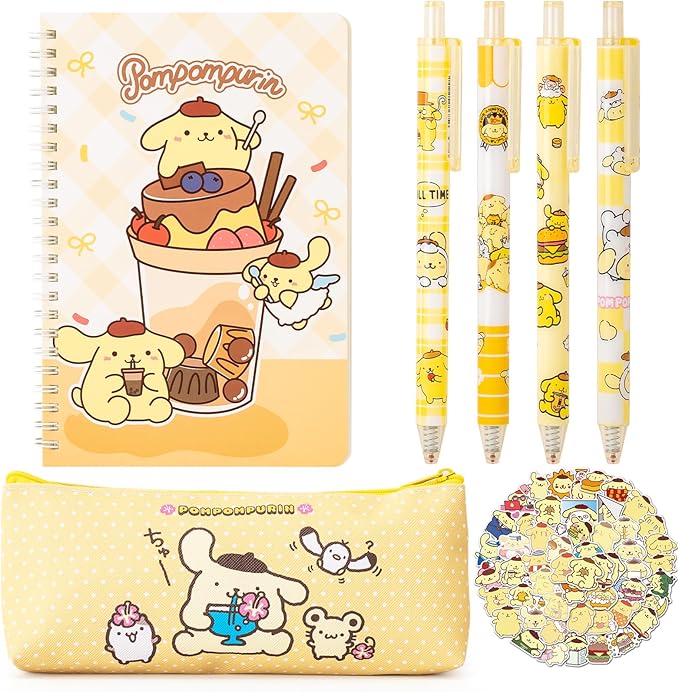 Cute School Supplies Anime Stationery Gift Set Includs Gel Pens, Journal Notebook, 50 Stickers, Pencil Case, Kawaii Stationery Set, Back to School Gift(Yellow)