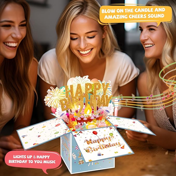 Tnvee 21ST Birthday Cards with Lights & Music & Candle, 3D Pop Up Singing Happy Birthday Greeting Cards Gfits for 21 Years Old Girl Boy Friends