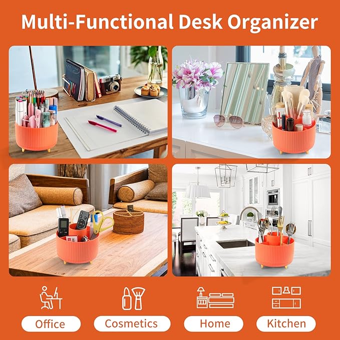 Desk Pencil Pen Holder, 5 Slots 360°Degree Rotating Pencil Pen Organizers for Desk, Desktop Storage Stationery Supplies Organizer, Cute Pencil Cup Pot for Office, School, Home, Art Supply, Orange