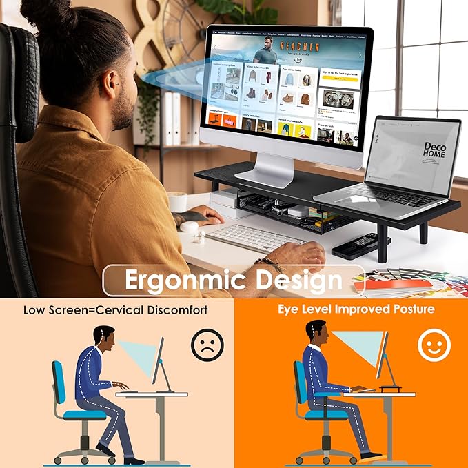 Dual-Computer-Monitor-Stand-Riser For Desk, Expandable Desk Shelf With Drawer For 2 Monitors, Desk Accessories & Workspace Organizers,TV Riser, Desktop Double Laptop Riser With Storage