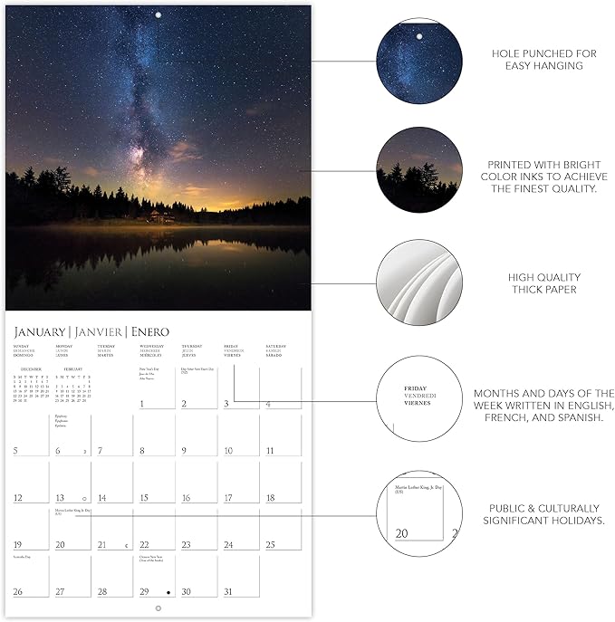 Graphique 2025 Stargazing Wall Calendar | 12” x 12” | Thick Paper | Home & Office Organizer | Large Monthly Grid | 3 Languages & Marked Holidays | 4 Month Preview Page for 2026