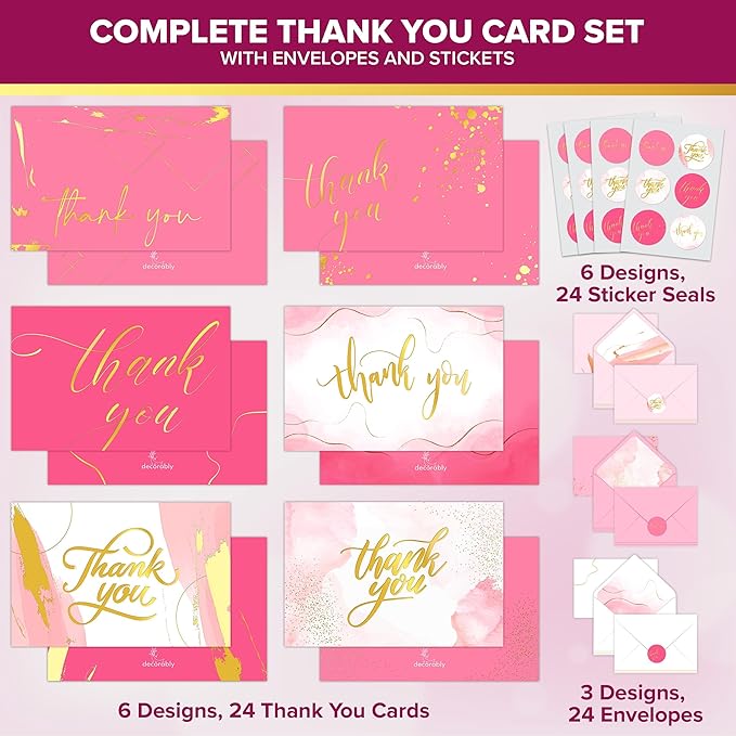 Decorably 24 Pack Gold-Foiled 6x4in Pink Thank You Cards with Envelopes and Stickers, 6 Elegant Designs Pink Blank Cards and Envelopes, Blank Inside - Wedding, Baby Shower, Birthday