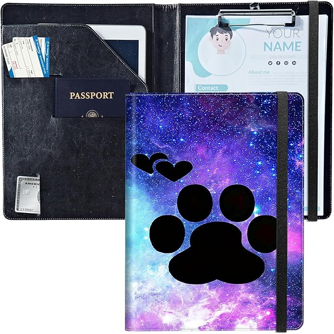 PU Leather Padfolio Clipboard Notepad with Pen Loop and Elastic Strap Interview/Resume Document Organizer for Business School Office,Animals Dog Paws Galaxy