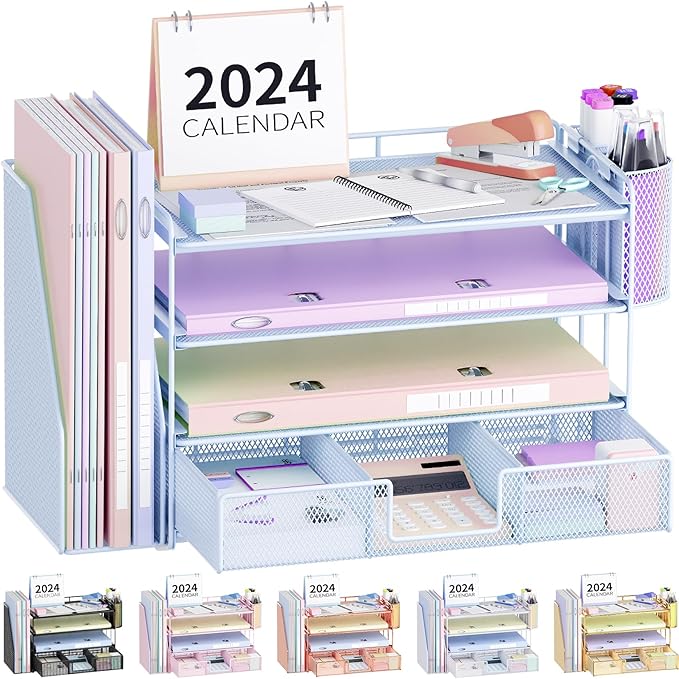 Desk Organizers and Accessories, Desk Accessories & Workspace Organizers for Office Supplies, File Organizer Desk Drawer Organizer with 2 Pen Holders, 4 Tier Paper Organizer for Desk(Blue)
