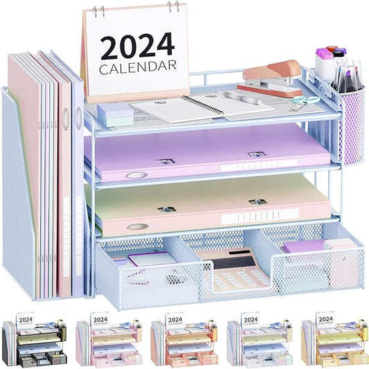 Desk Organizers and Accessories, Desk Accessories & Workspace Organizers for Office Supplies, File Organizer Desk Drawer Organizer with 2 Pen Holders, 4 Tier Paper Organizer for Desk(Blue)