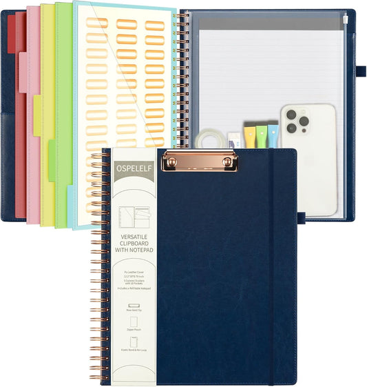 Ospelelf Leather Clipboard Folio with Notepad for Letter Size, Spiral Clipboard Folder with Storage Zipper Pouch, 5 Folders with 10 Pockets, 39 Divider Label Stickers, Pen Loop Series (Blue)