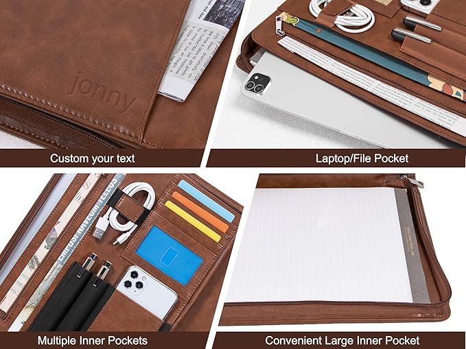 Calfinder Padfolio, portfolio folder, Padfolio for women and men, leather binder, portfolio organizer, Vegan leather folder, portfolio notebook, Resume Zippered Padfolio,Gift for Professionals, Brown