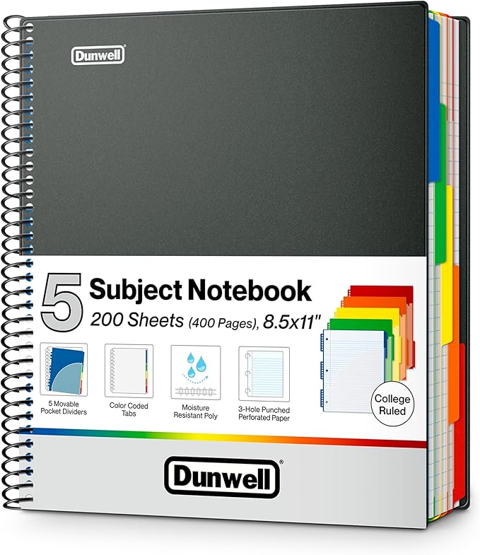Dunwell 5-Subject Notebook, College Ruled, Colorful Movable Pocket Dividers with Tabs, Front/Back Plastic Covers, 200 Sheets (400 Pages) of 3-Hole Punch Perforated 8.5x11 Paper